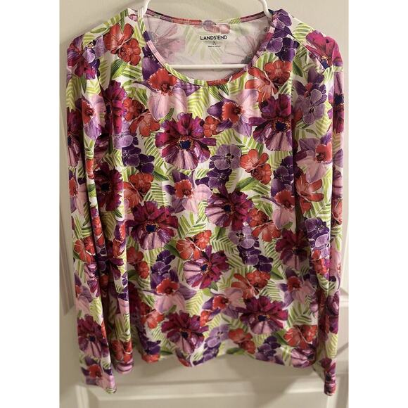 Womens Floral LANDS END Stretchy Long Sleeve Top Shirt SIZE Large 14 - 16 purple - Picture 2 of 4
